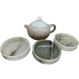 Чайный набор из белого и зеленого нефрита "Восточный нефрит" на 3 персоны, 4 предмета